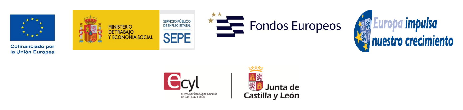 Logotipos: Cofinanciado por la Unión Europea, Ministerio de Trabajo y Economía Social — SEPE, Fondos Europeos, Europa impulsa nuestro crecimiento, ECYL y Junta de Castilla y León