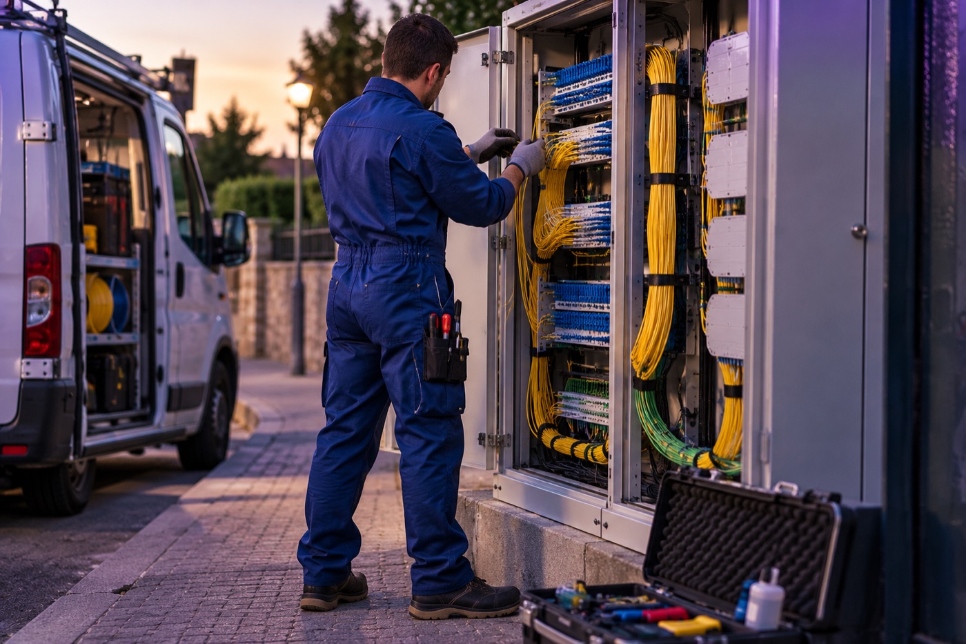 Técnico de KakeAds trabajando en un armario de red y fibra óptica en obra